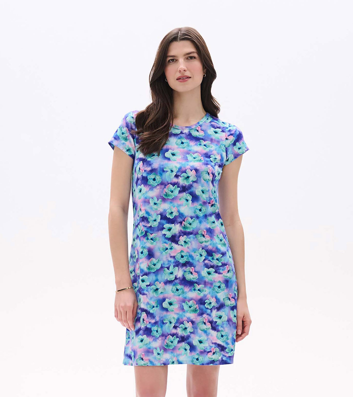 Front view of Cici A-line dress with short sleeves and blue, purple, and turquoise floral print