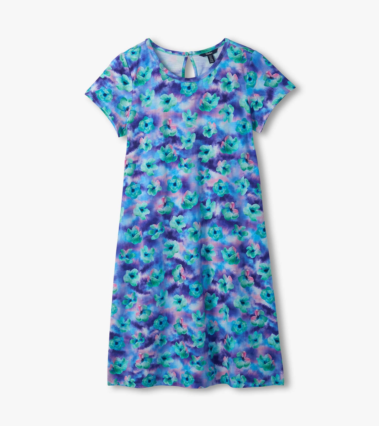 Flat lay of Cici A-line dress with short sleeves, crew neckline, and blue floral watercolor print