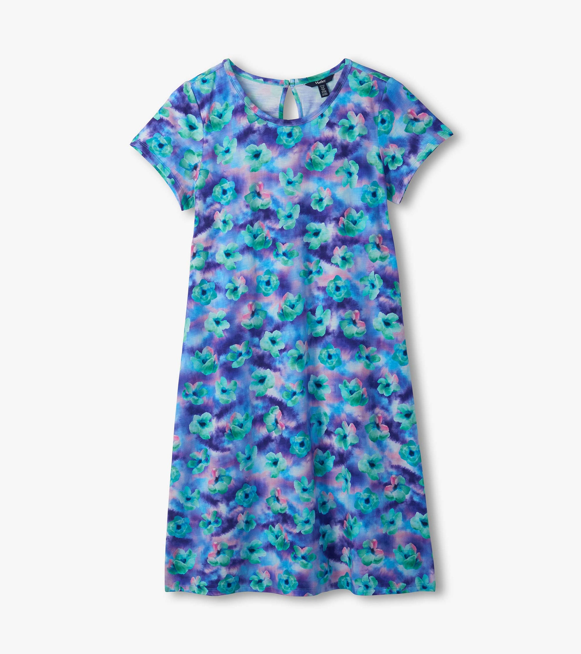 Flat lay of Cici A-line dress with short sleeves, crew neckline, and blue floral watercolor print