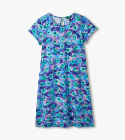 Flat lay of Cici A-line dress with short sleeves, crew neckline, and blue floral watercolor print