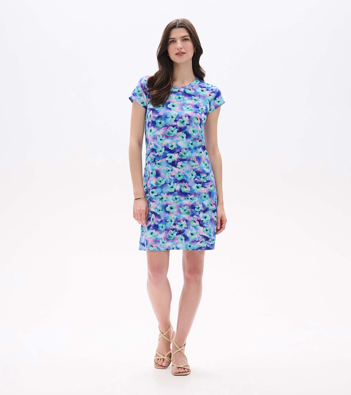 Front full-length view of Cici A-line dress with short sleeves and blue, purple, and turquoise floral print