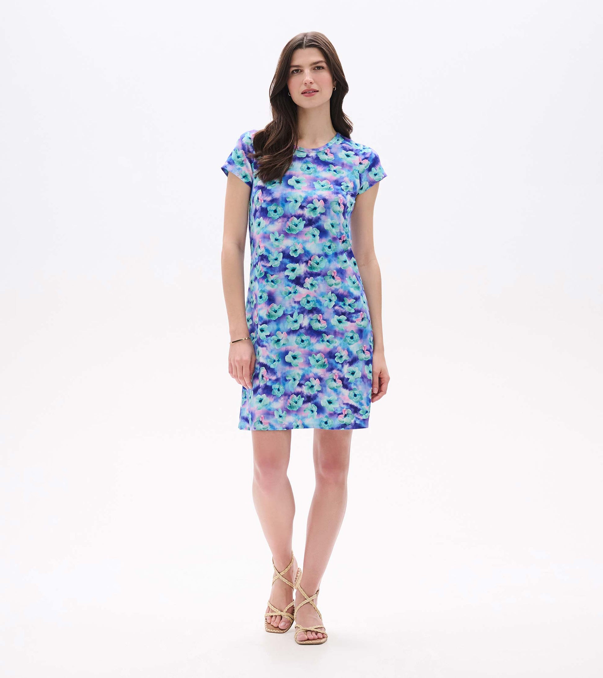 Front full-length view of Cici A-line dress with short sleeves and blue, purple, and turquoise floral print