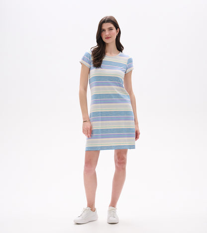 Front view of Cici A-line dress with short sleeves and blue, lilac, and mint horizontal wave stripes
