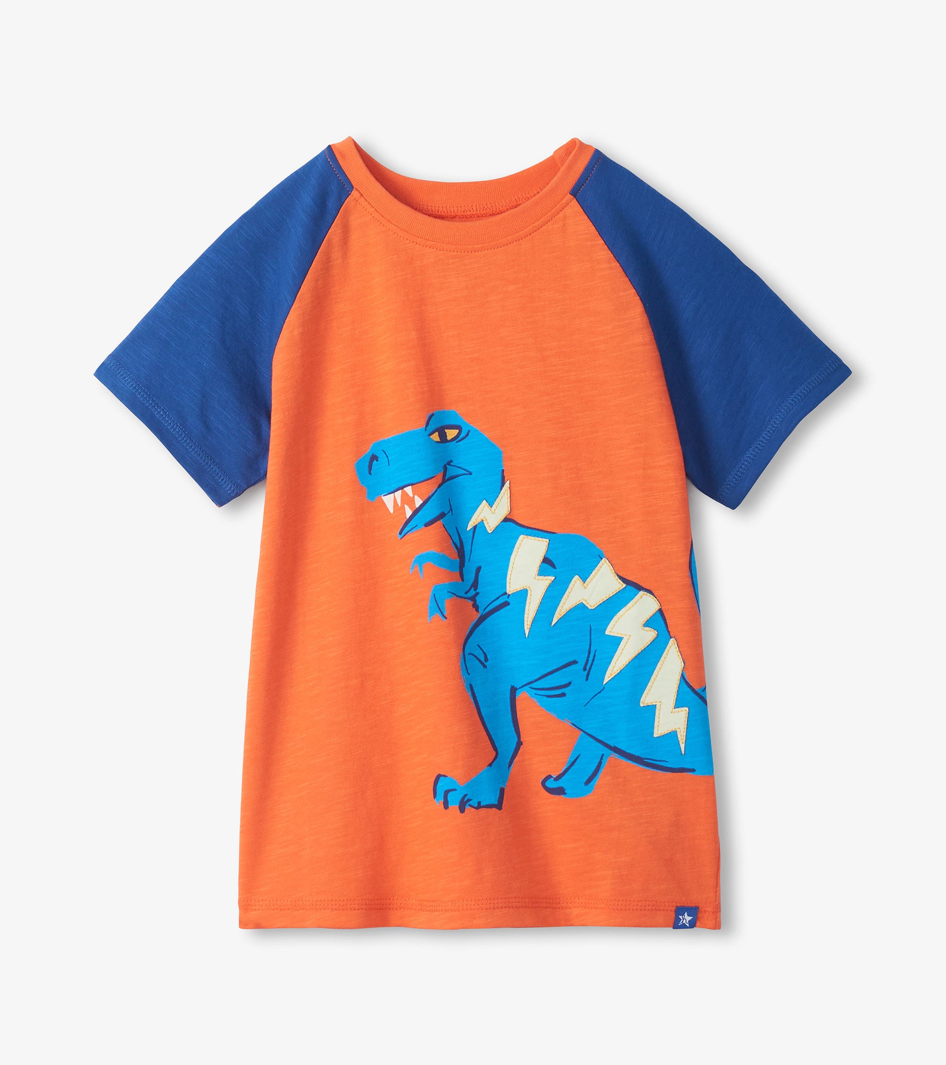 Orange and blue raglan T-shirt with a blue dinosaur graphic and lightning bolts, front view
