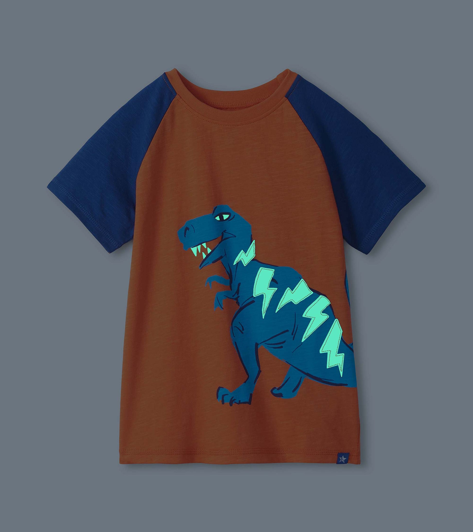 Orange and navy boys raglan T-shirt with blue dinosaur and lightning graphic, front view