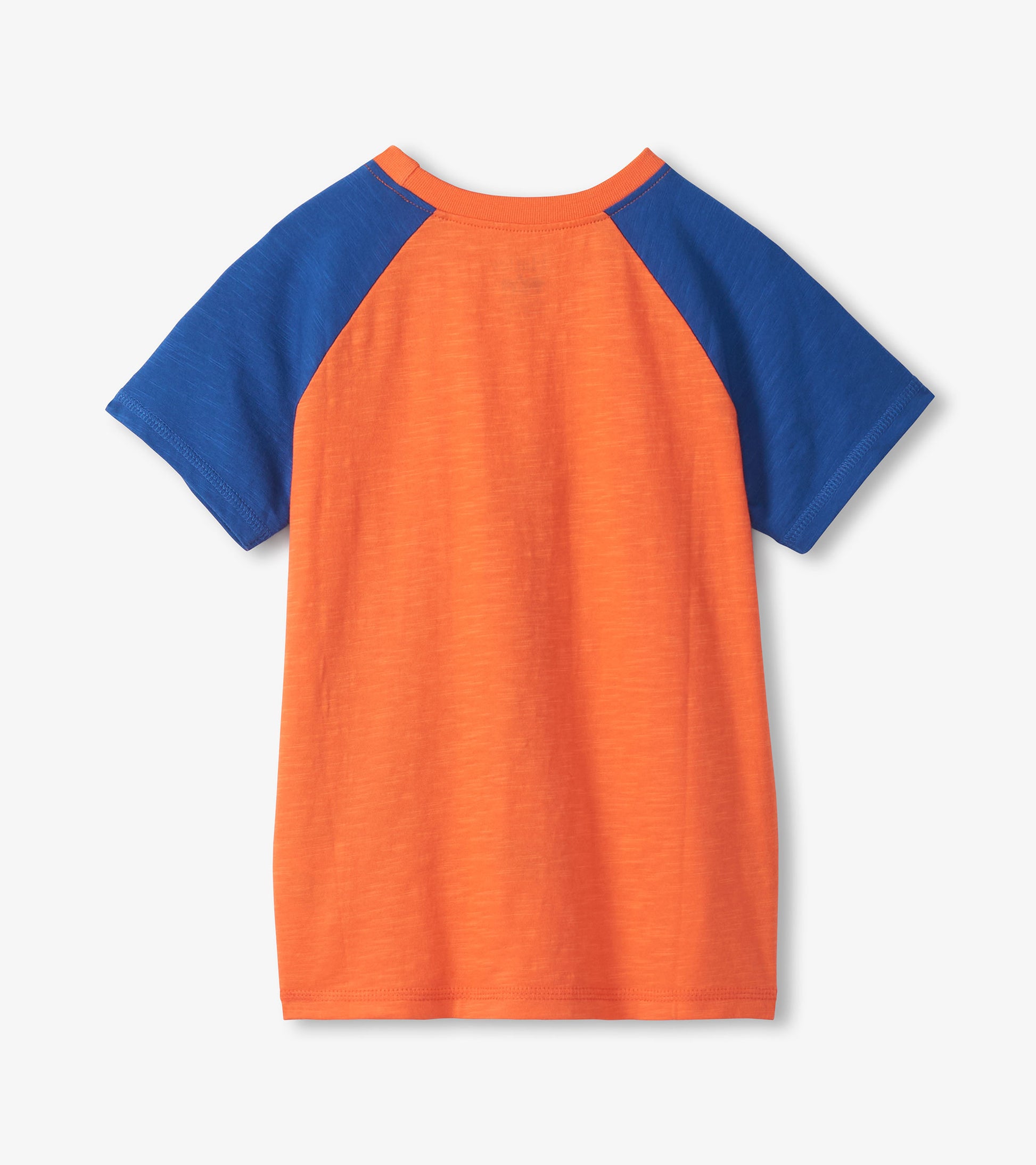 Orange and blue boys raglan T-shirt, front view, short sleeves, crew neck, solid color block design