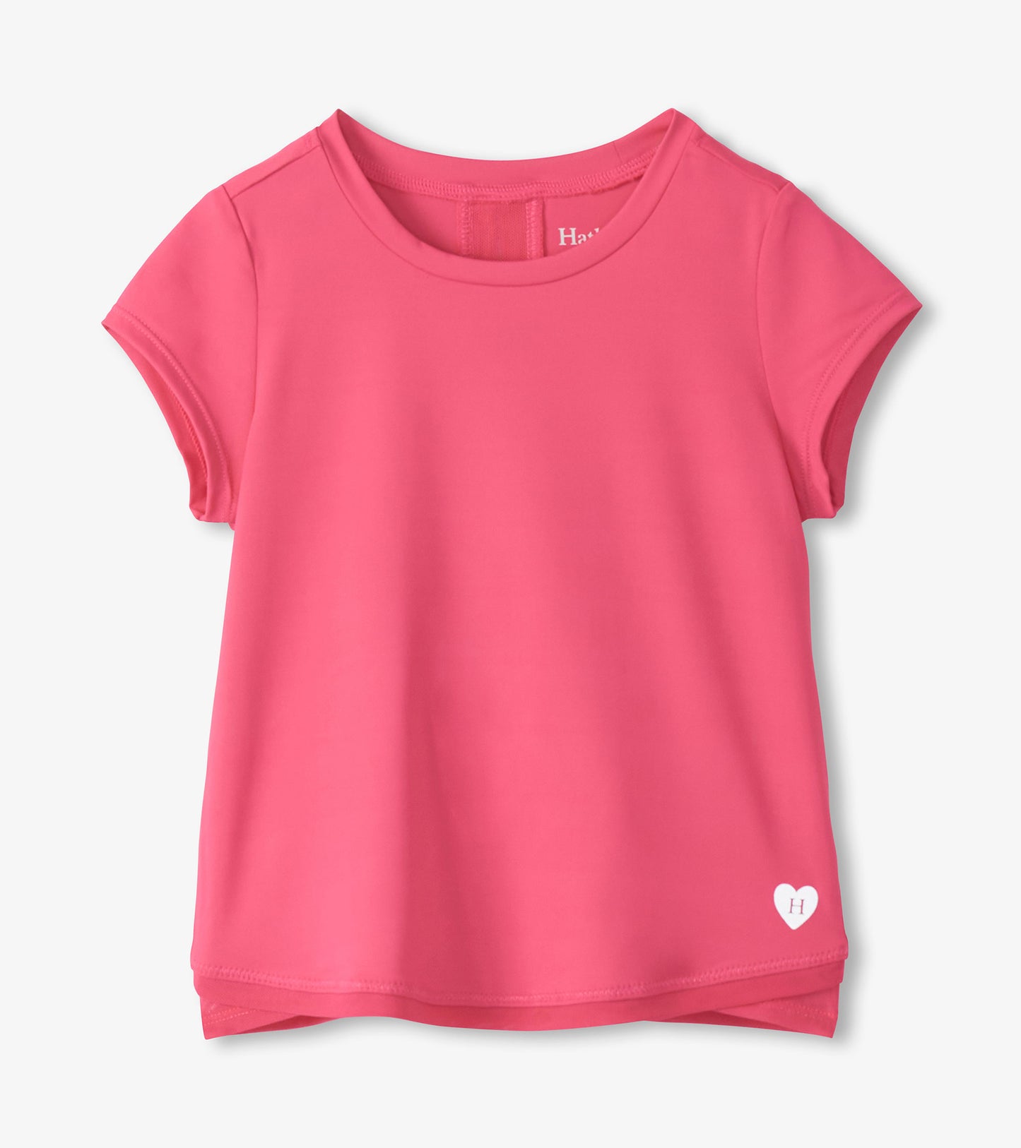 Pink short-sleeve girls' T-shirt with mesh trim and small heart logo at hem, front view