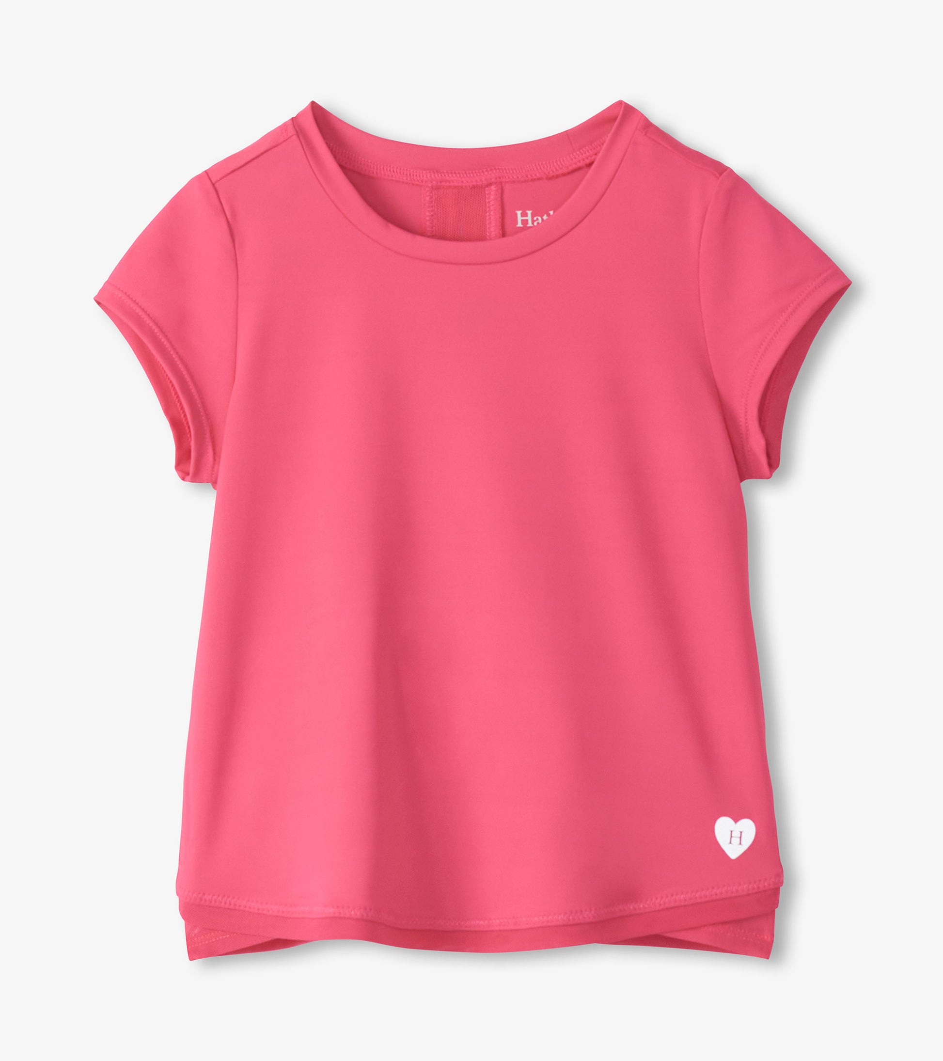 Pink short-sleeve girls' T-shirt with mesh trim and small heart logo at hem, front view