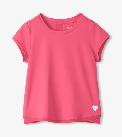 Pink short-sleeve girls' T-shirt with mesh trim and small heart logo at hem, front view