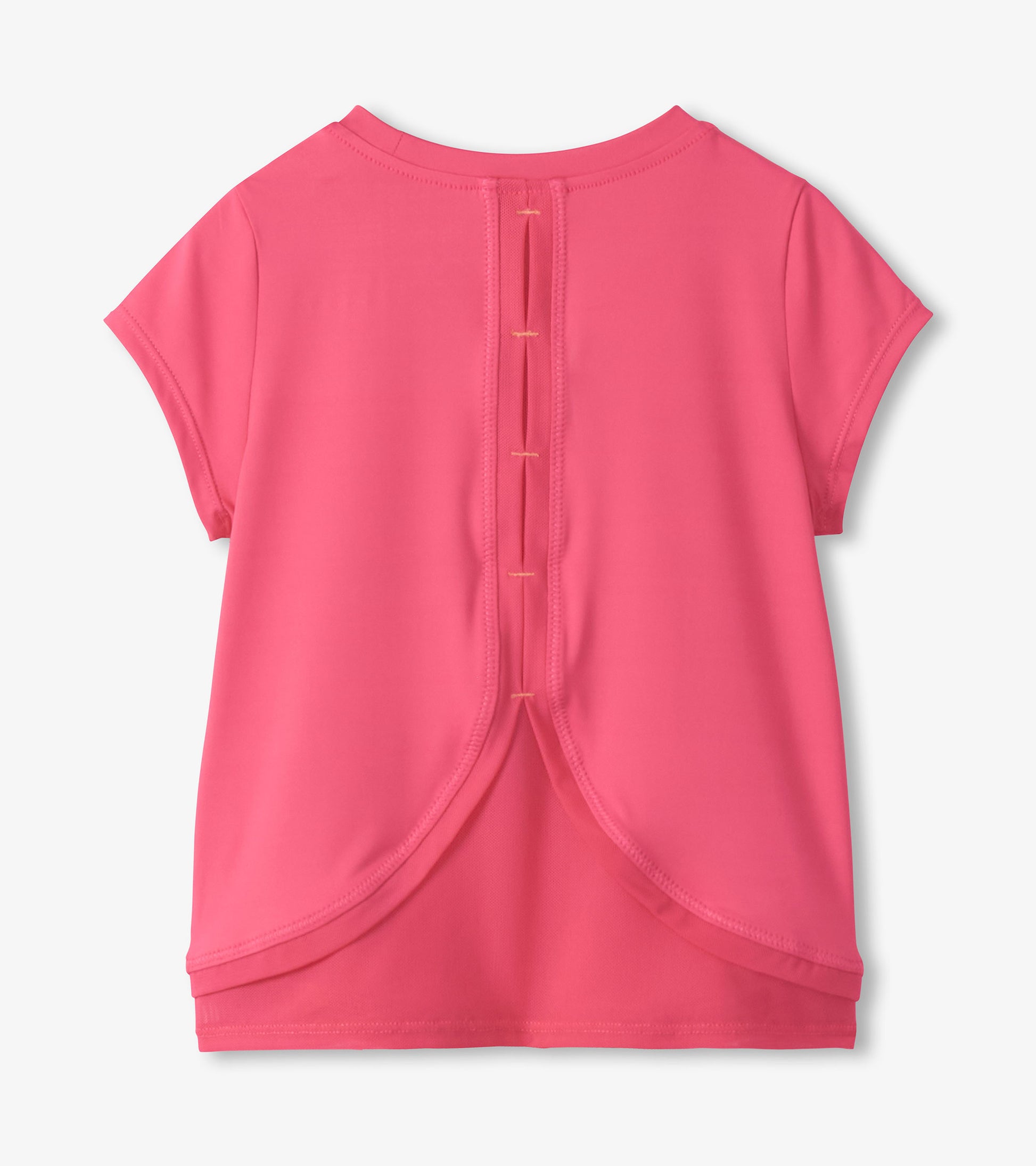 Pink girls T-shirt with mesh trim and curved hem, shown from the back