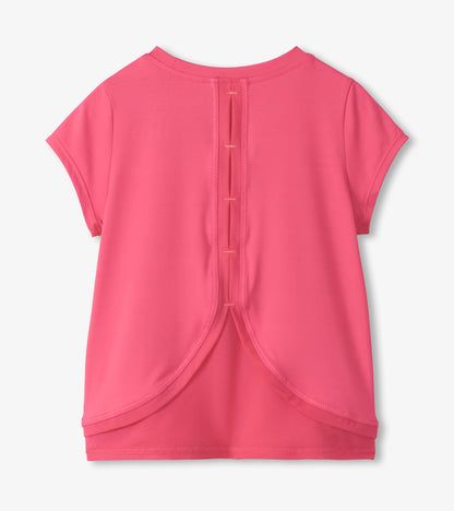 Pink girls T-shirt with mesh trim and curved hem, shown from the back