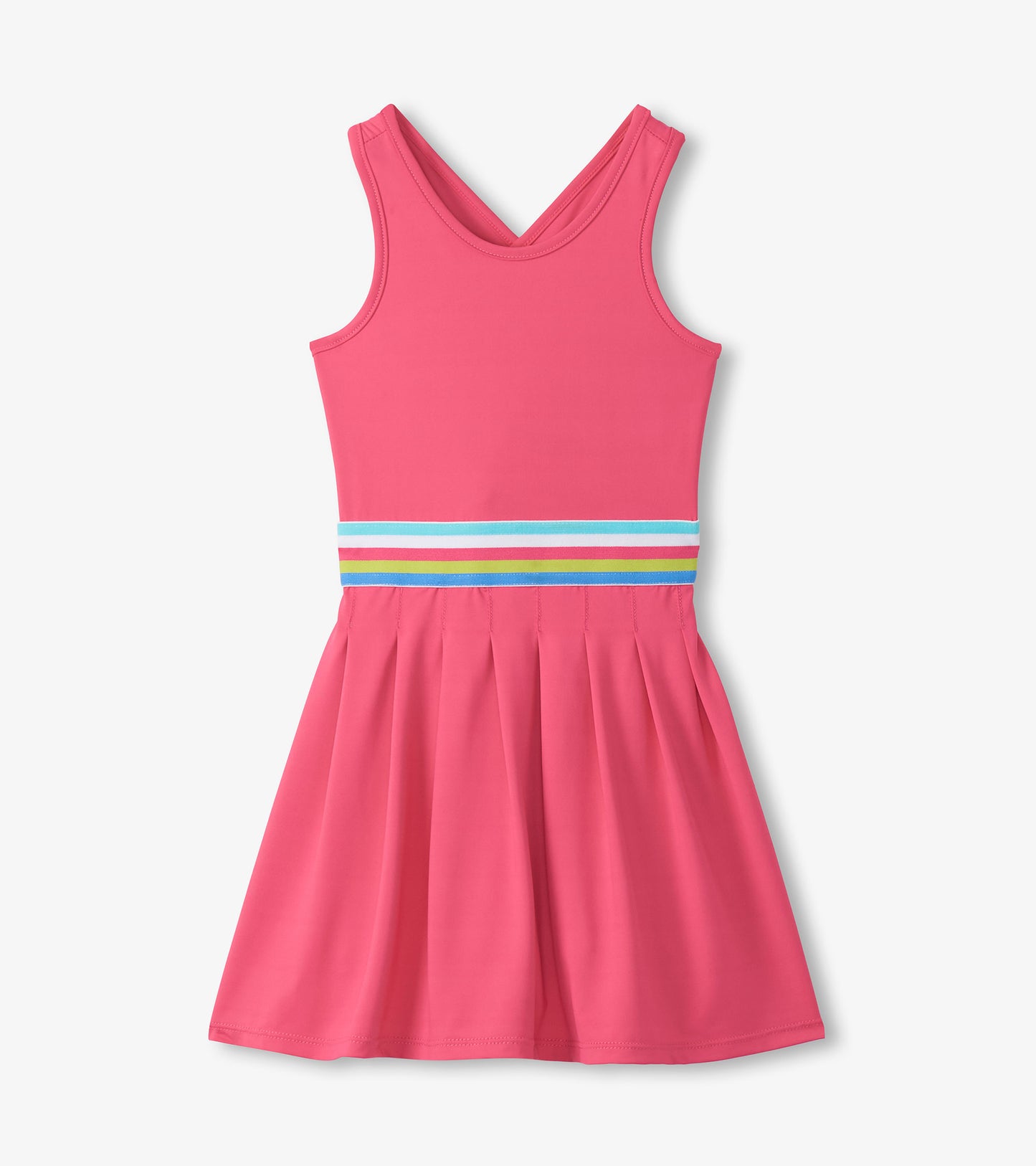 Front view of bright pink sleeveless active dress with pleated skirt and multicolor striped waistband