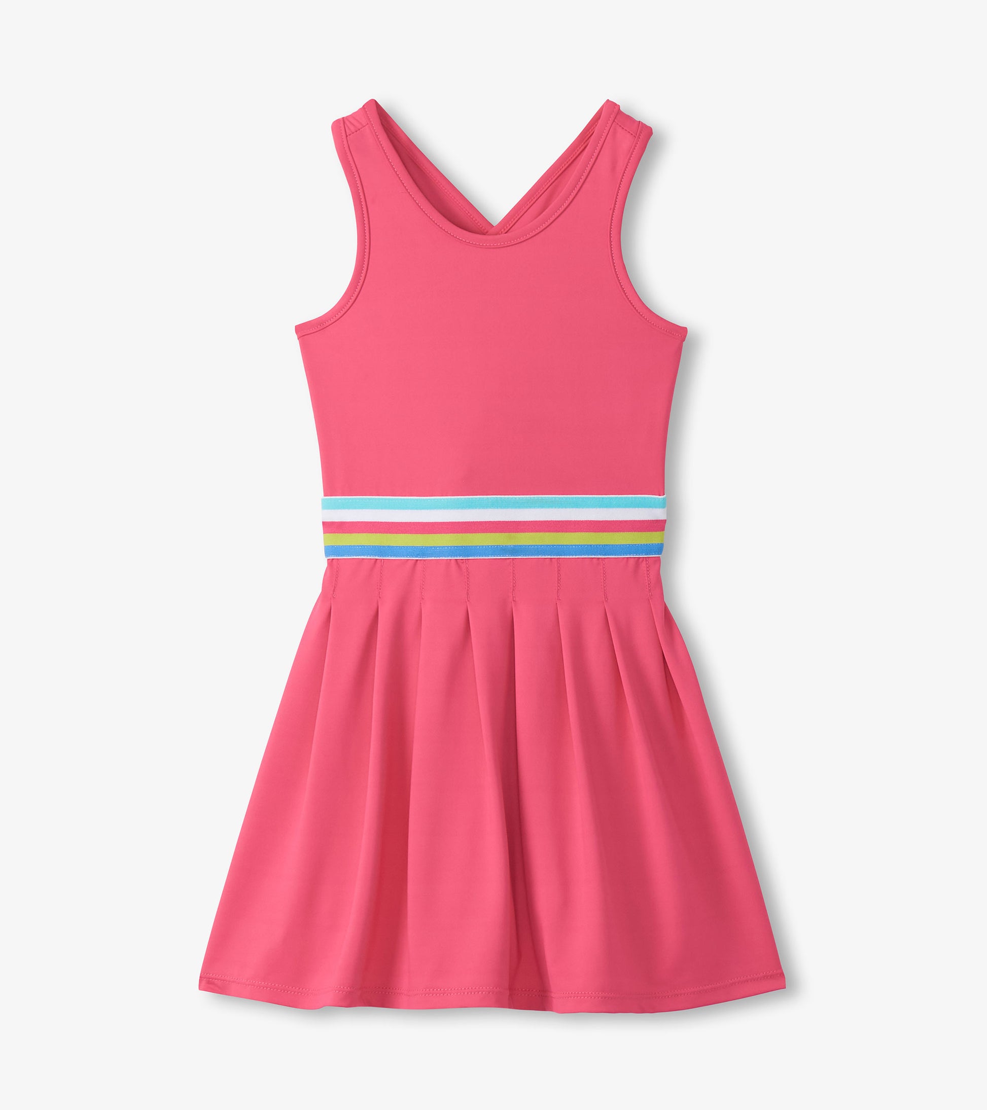 Front view of bright pink sleeveless active dress with pleated skirt and multicolor striped waistband