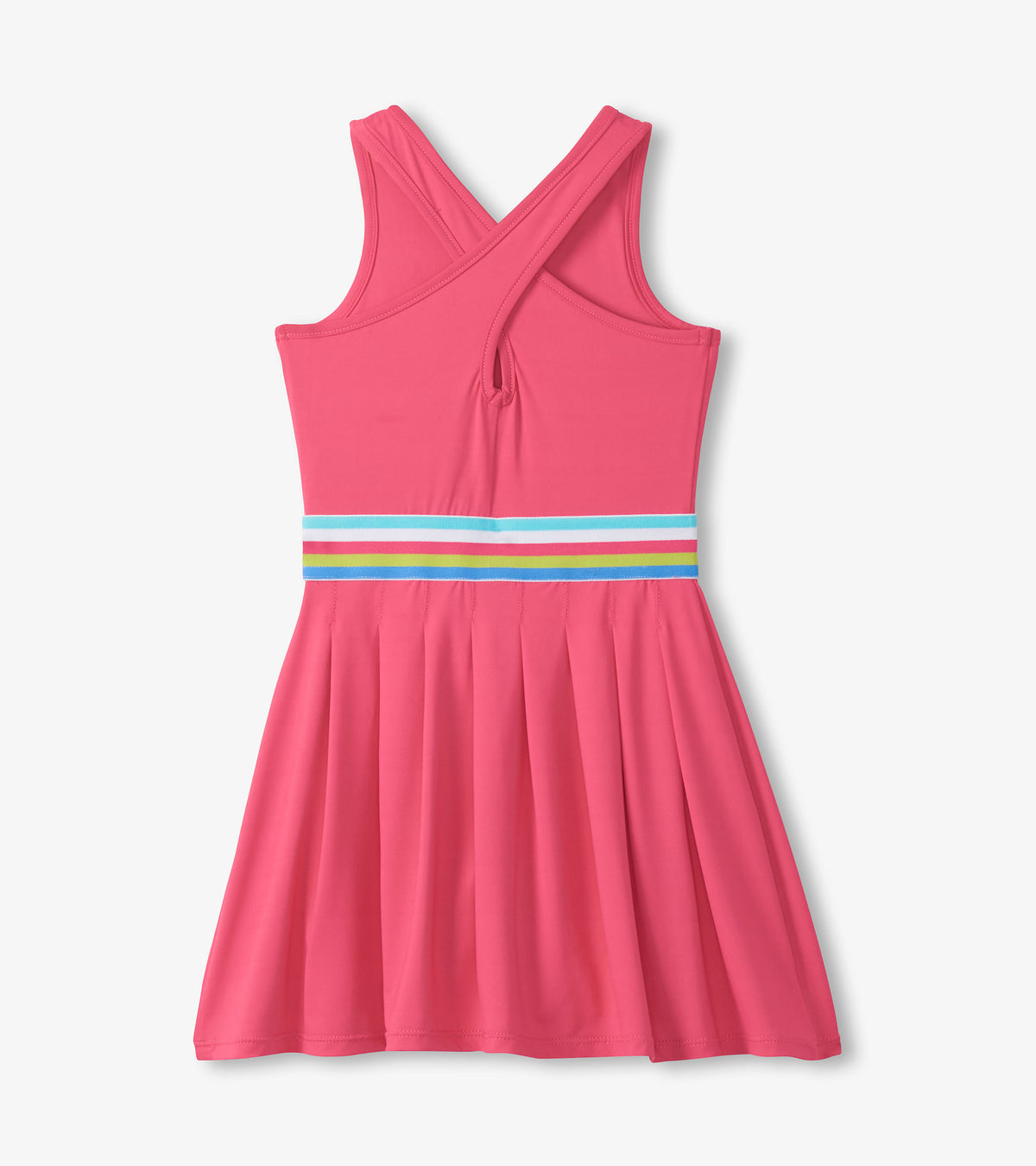 Back view of girls bright pink sleeveless active dress with crisscross straps, keyhole back and pleated skirt