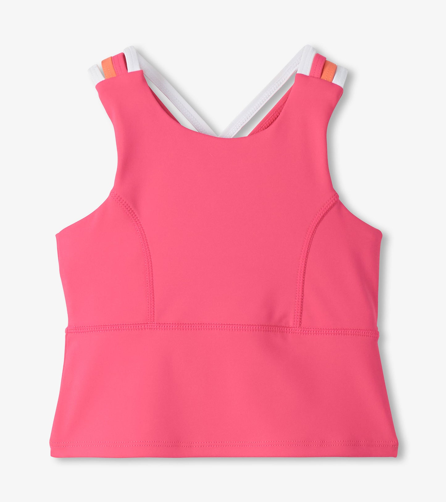 Pink girls' active tank top with strappy back and white, orange-trimmed straps, front view
