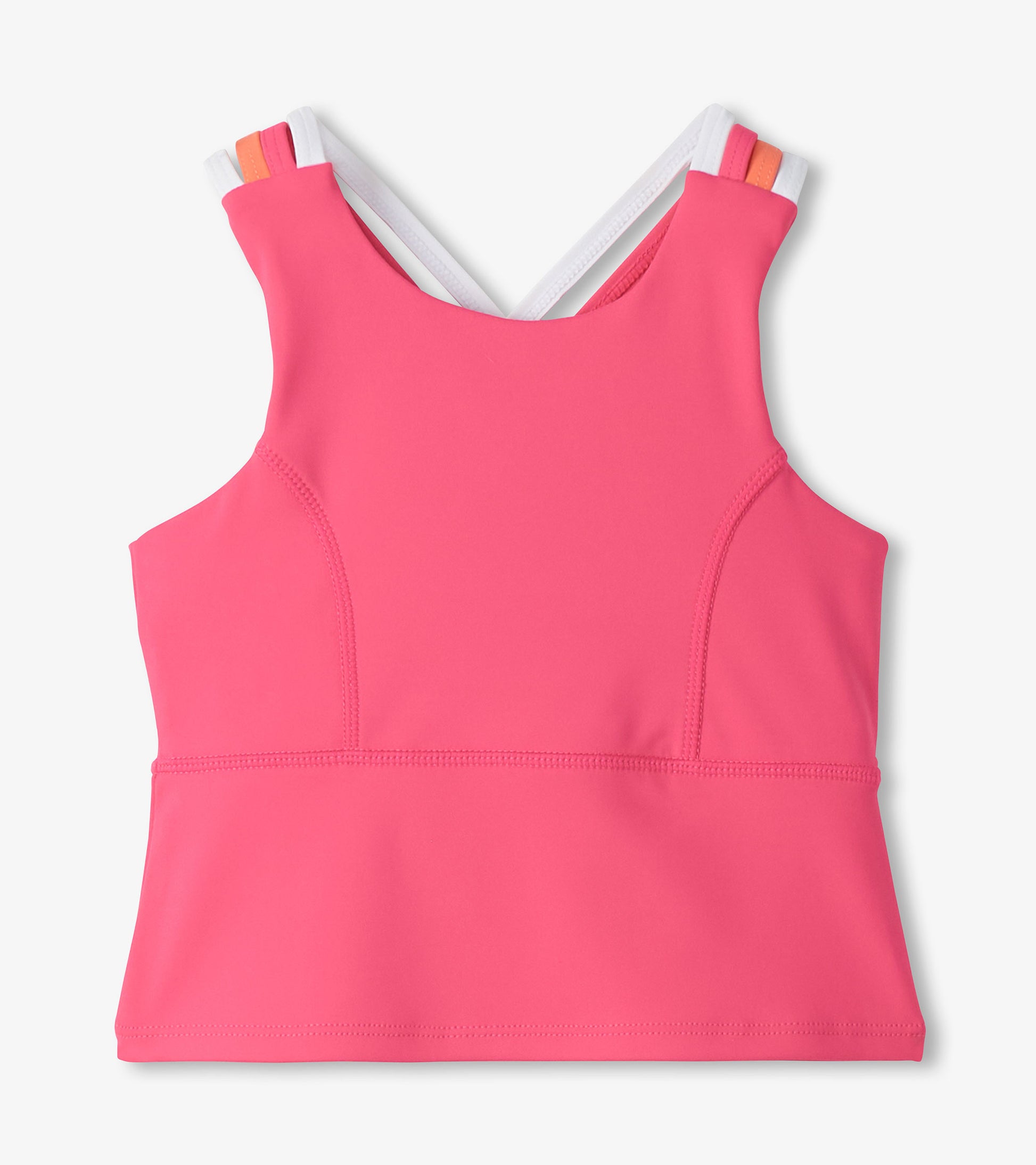 Pink girls' active tank top with strappy back and white, orange-trimmed straps, front view