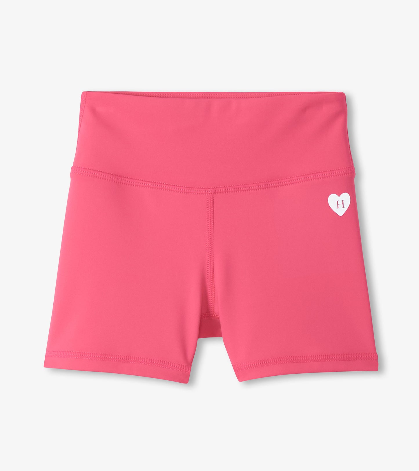 Pink girls active shorts with high waistband and small heart logo, front view