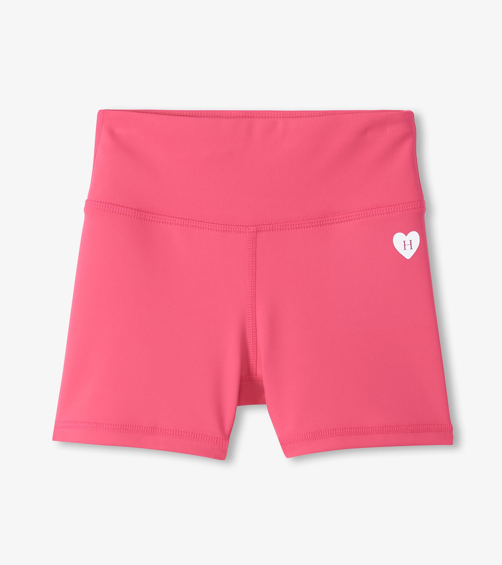 Pink girls active shorts with high waistband and small heart logo, front view