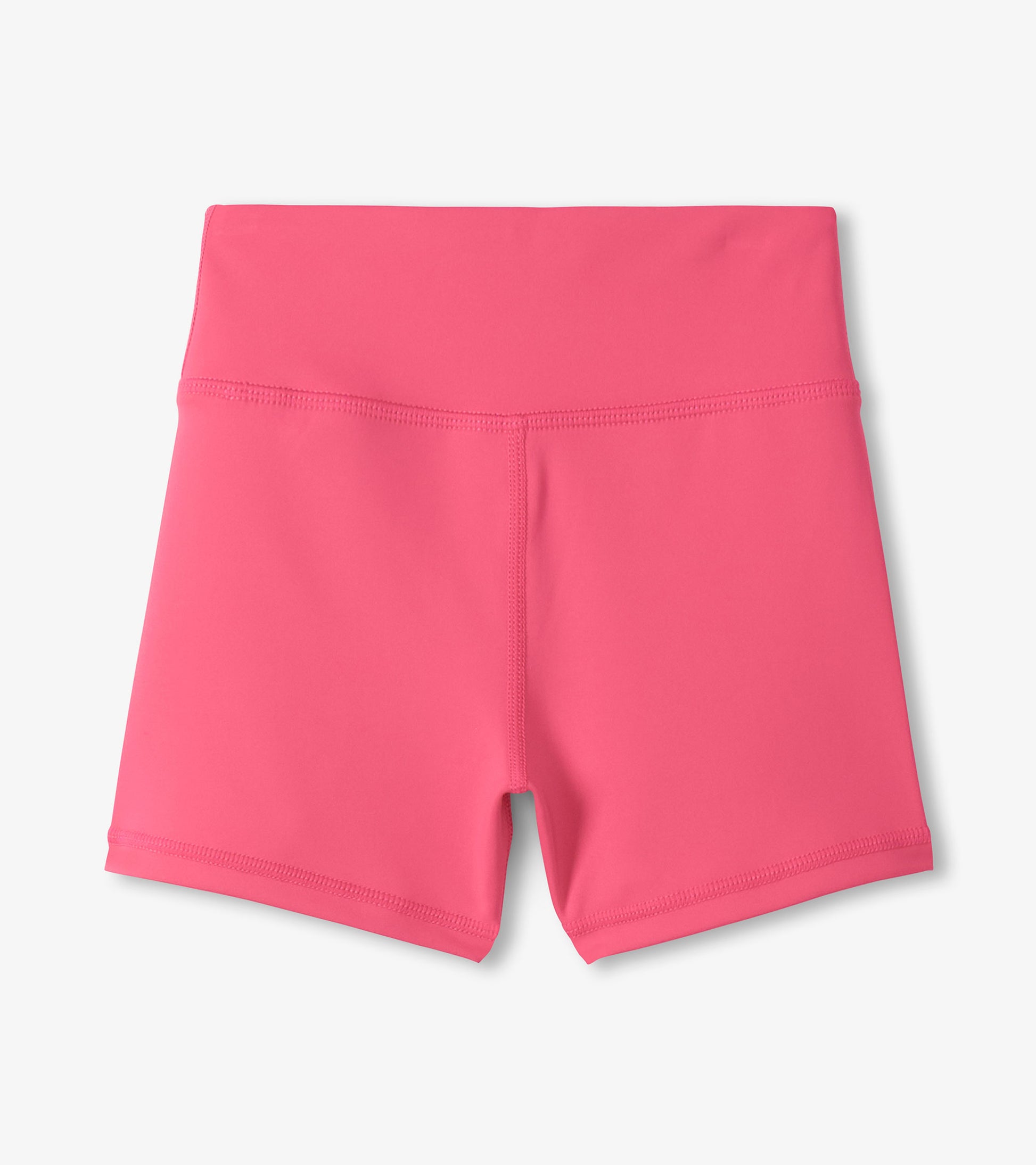 Pink girls active shorts with a high waistband, front view, made of smooth stretch fabric.