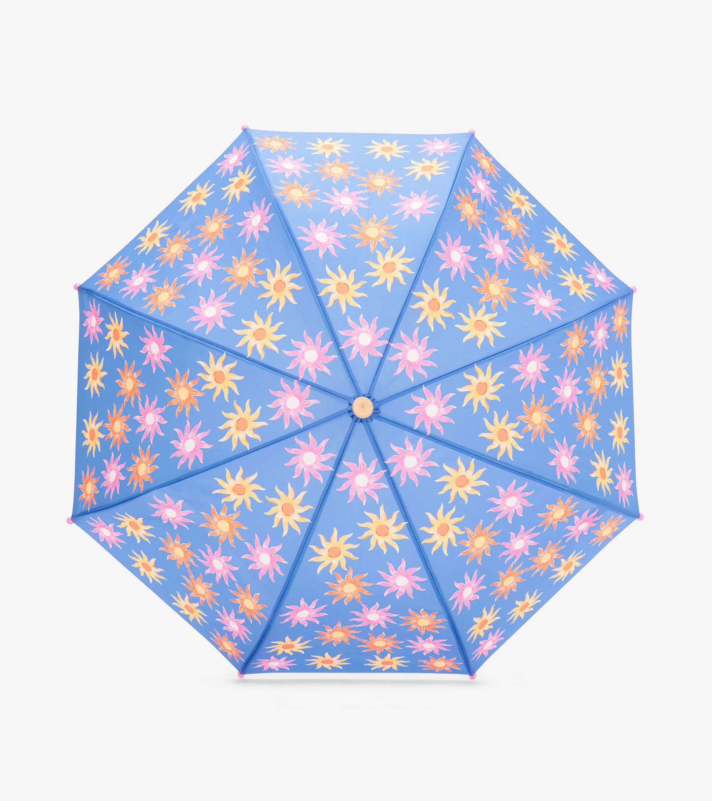 Blue umbrella with pink, yellow, and orange sunburst pattern, top view
