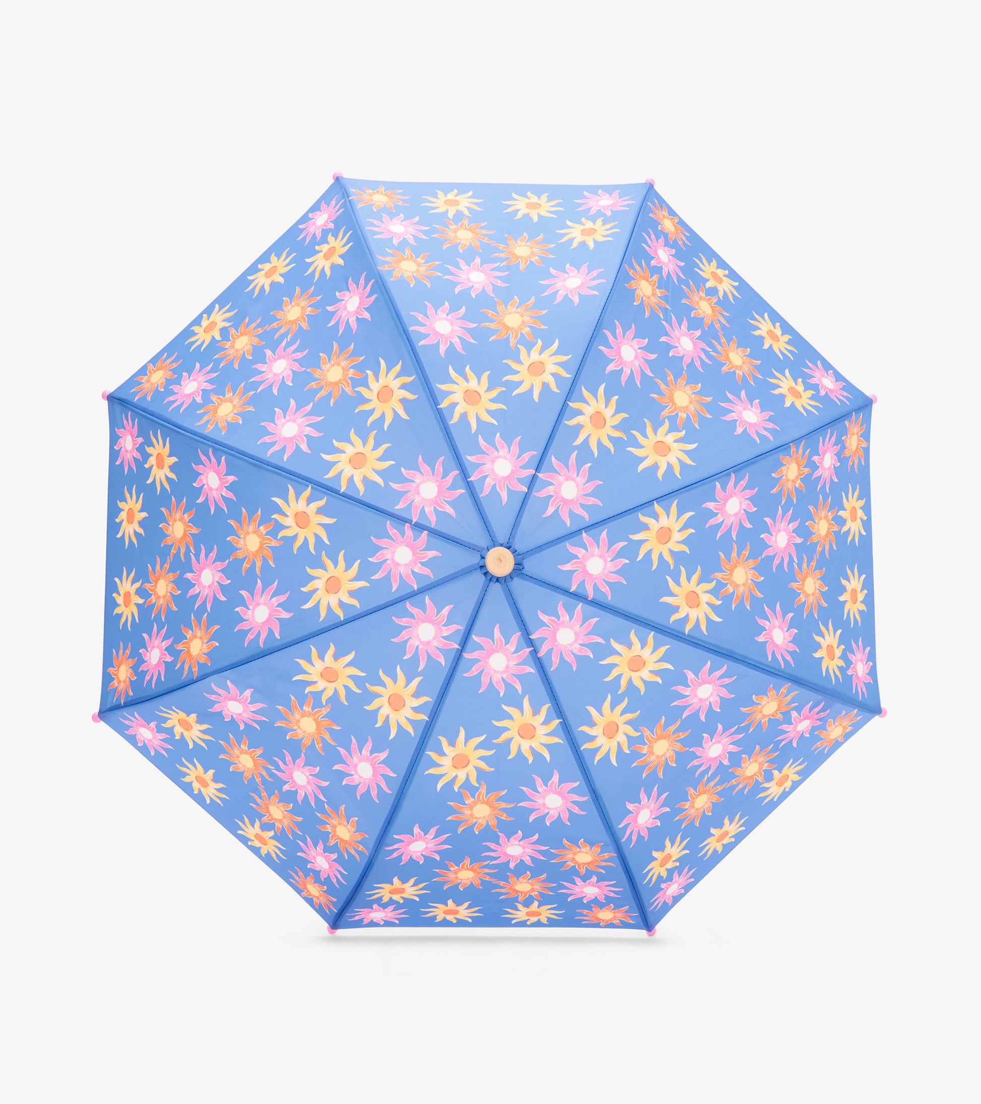 Blue umbrella with pink, yellow, and orange sunburst pattern, top view