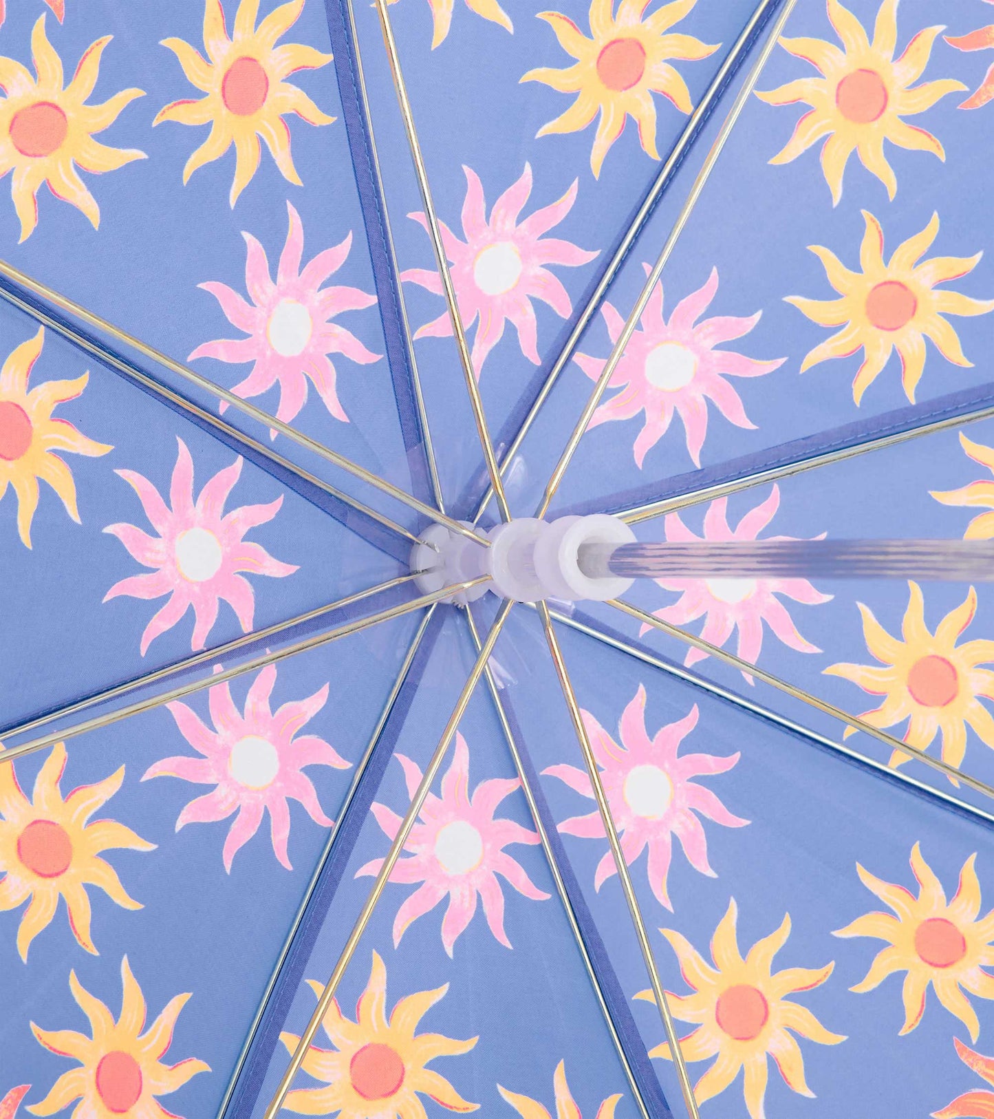 Blue umbrella canopy with pink and yellow sun pattern and silver spokes, close-up view