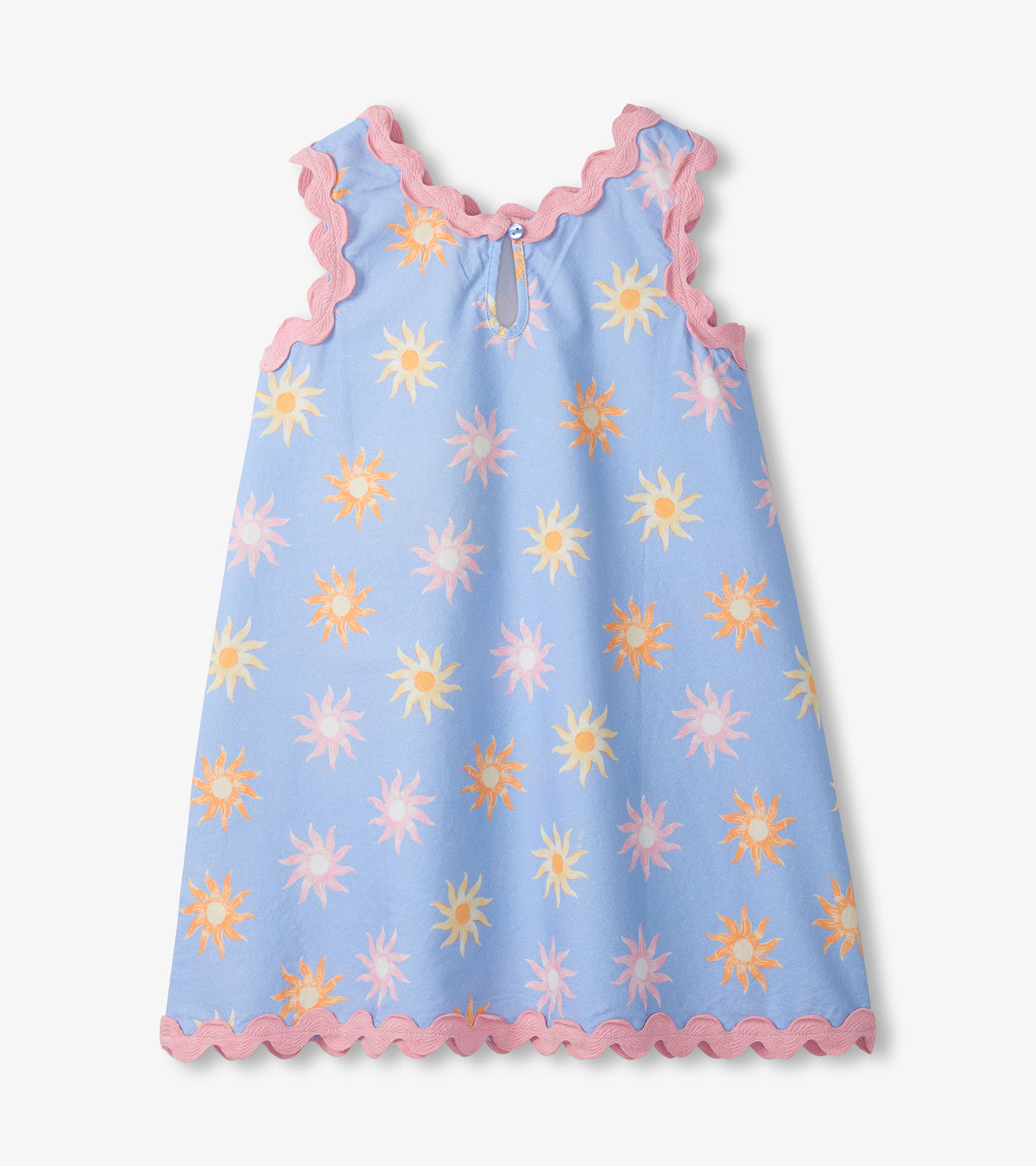 Back view of girls light blue sun print pinafore dress with pink rickrack trim and keyhole button closure
