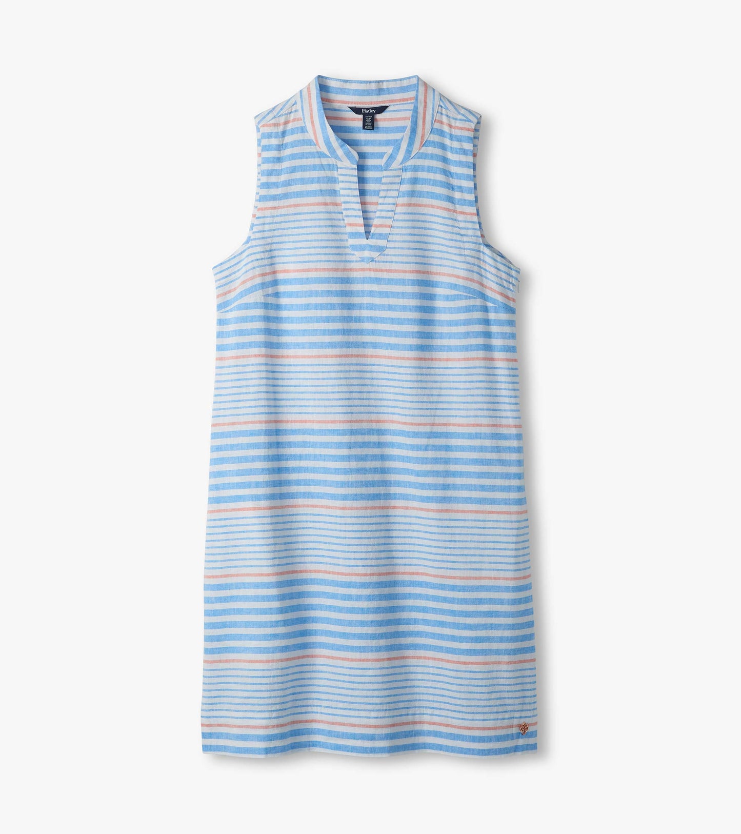 Sleeveless striped dress laid flat, showing split V-neck and blue, white, and pink stripes