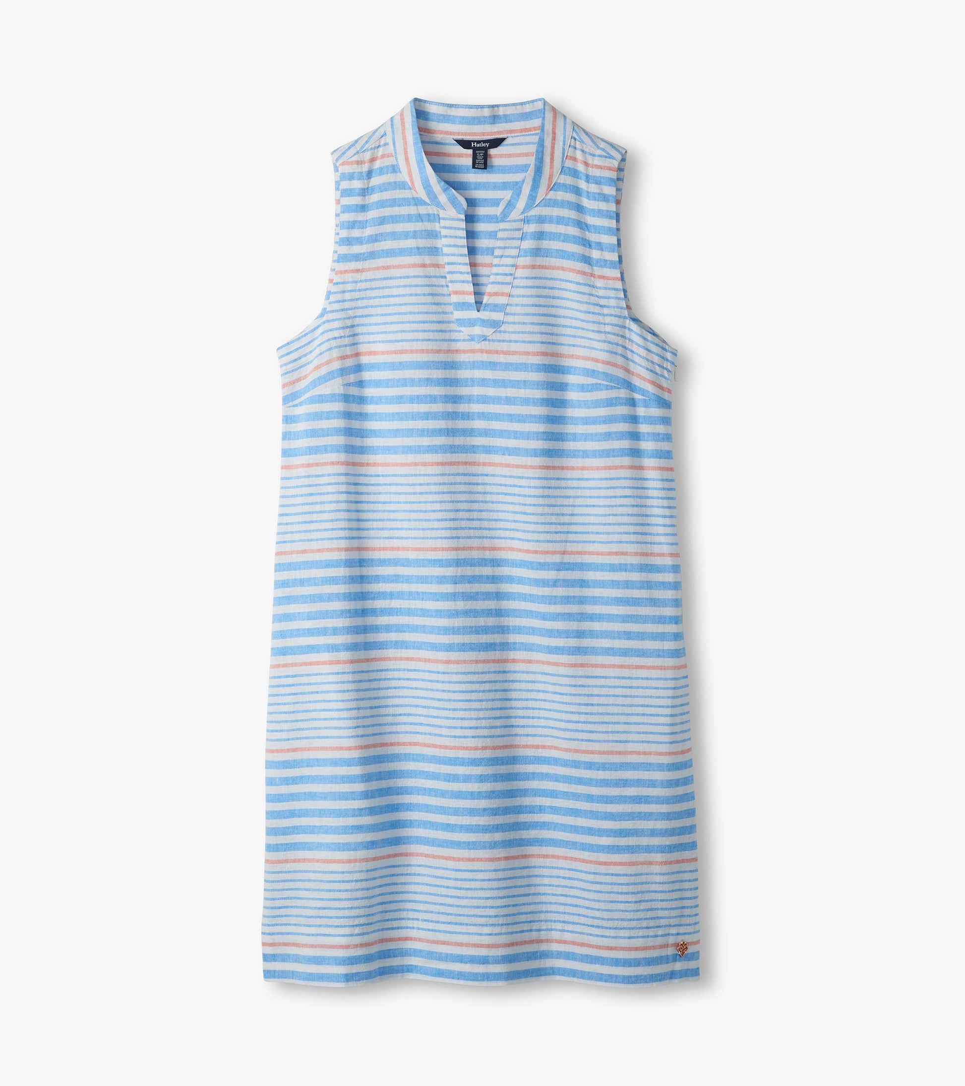 Sleeveless striped dress laid flat, showing split V-neck and blue, white, and pink stripes