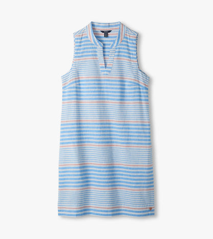 Sleeveless striped dress laid flat, showing split V-neck and blue, white, and pink stripes