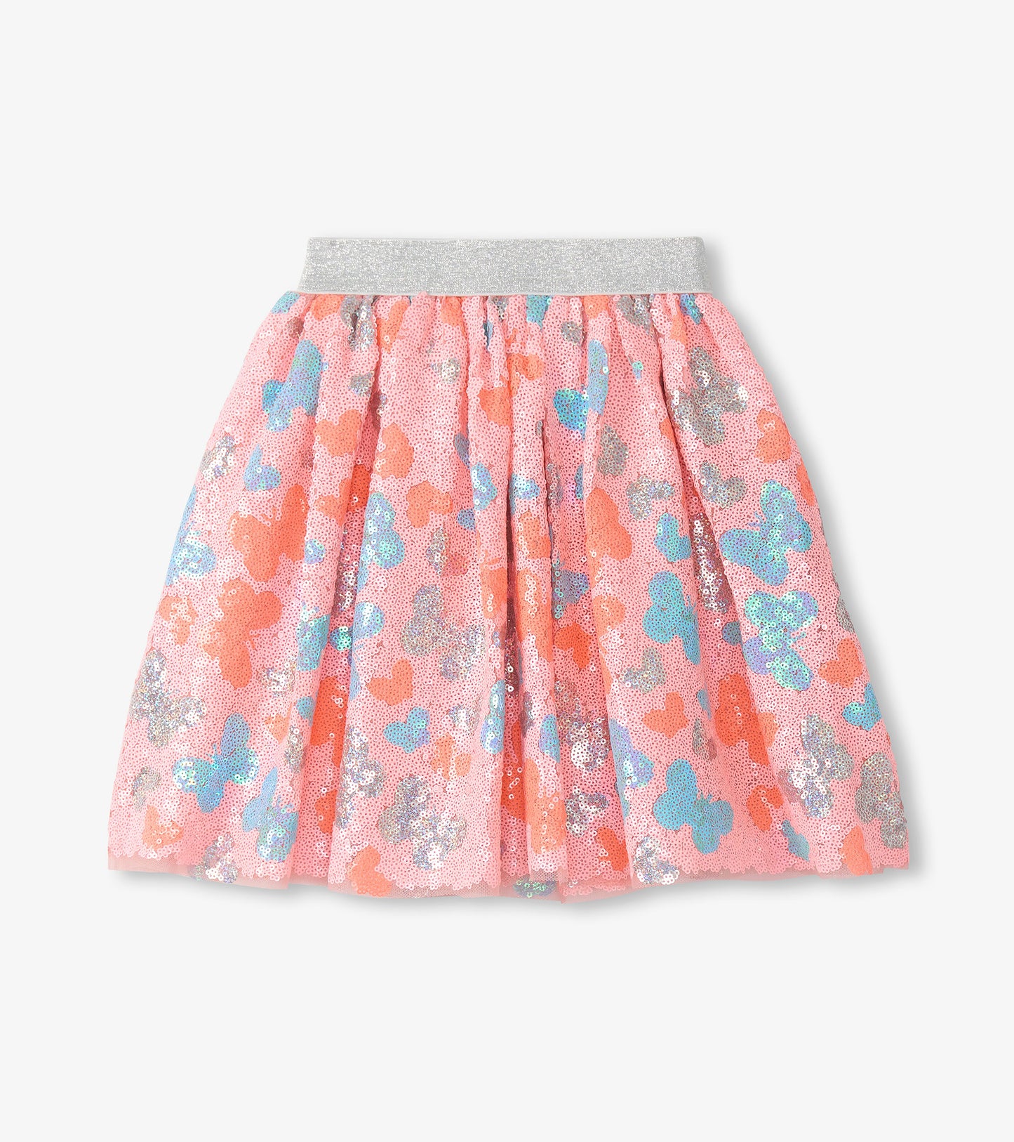 Pink sequin butterfly skirt with silver elastic waistband and multicolor butterfly pattern