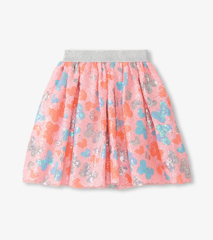 Pink sequin butterfly skirt with silver elastic waistband and multicolor butterfly pattern