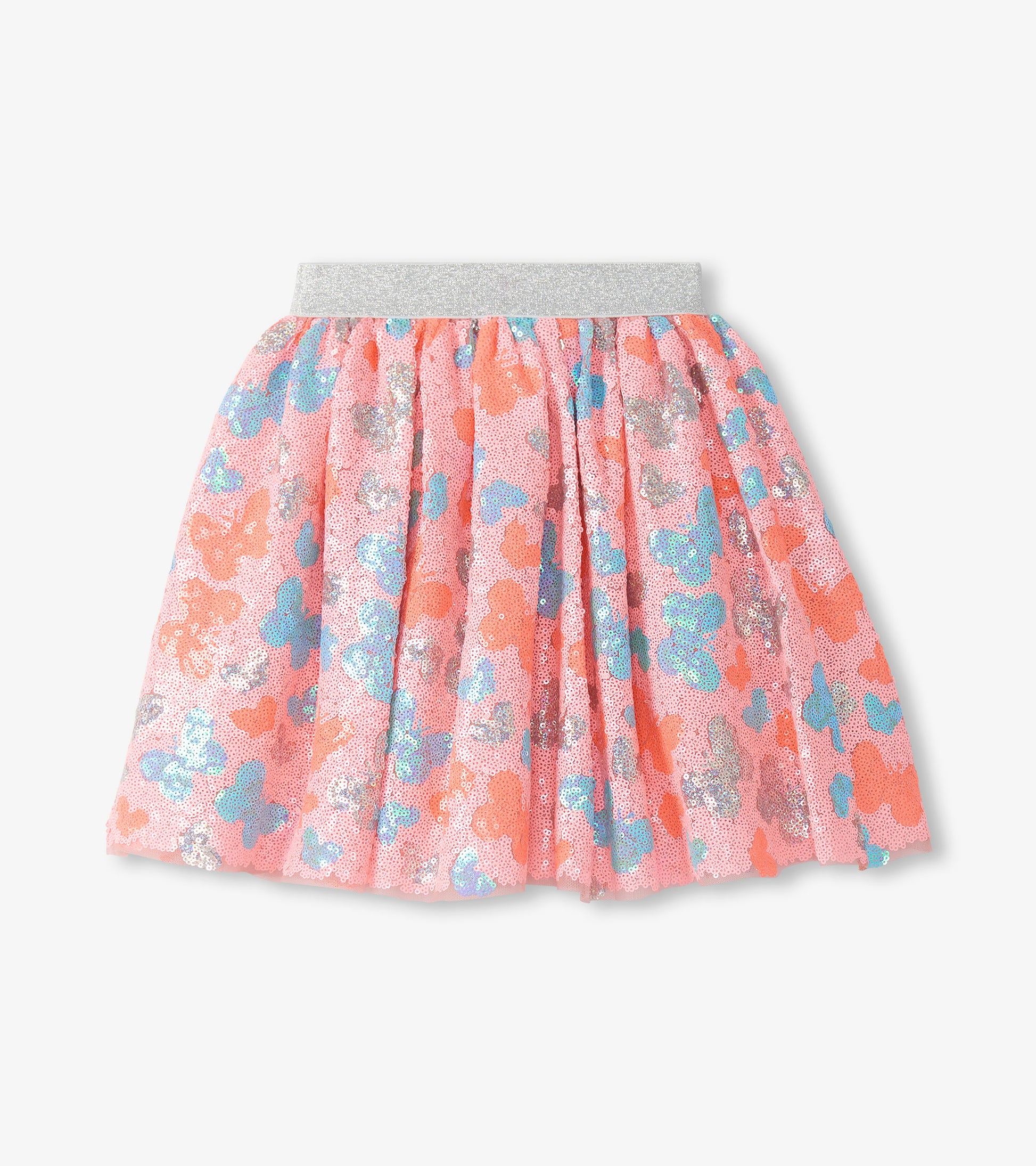 Pink sequin butterfly skirt with silver glitter waistband and multicolor butterfly pattern
