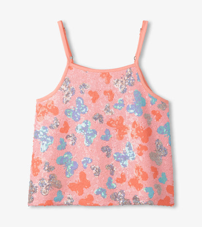 Pink sequin butterfly print girls camisole top with spaghetti straps, front view