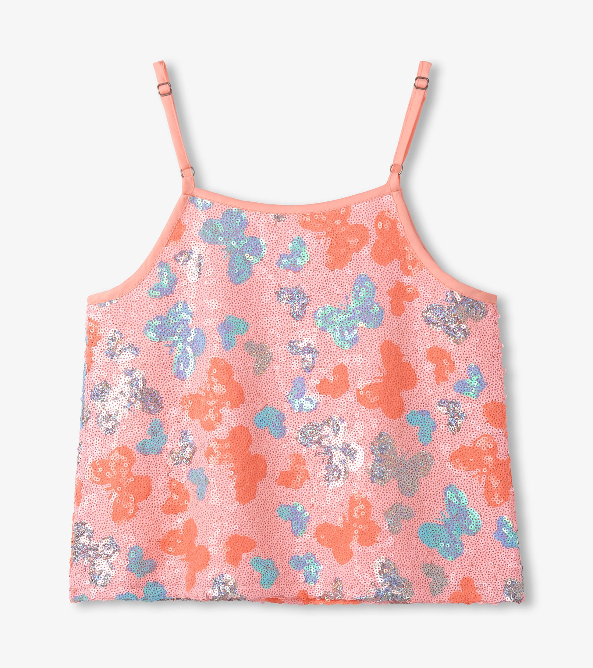 Pink sequin girls camisole top with multicolor butterfly pattern and spaghetti straps, front view