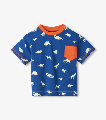 Blue toddler T-shirt with white dinosaur print, orange ribbed collar and chest pocket, front view