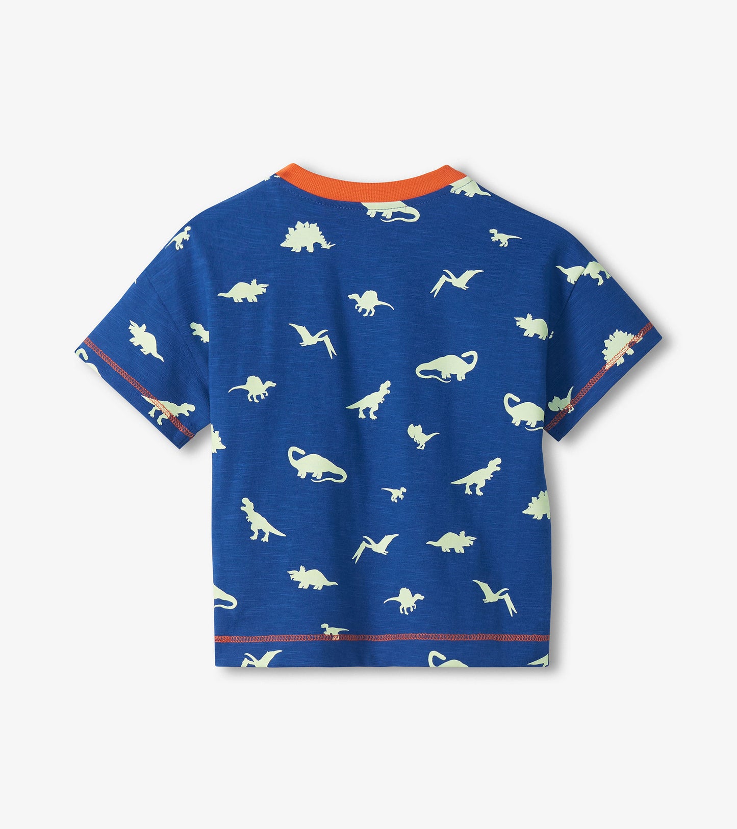 Back view of a blue toddler T-shirt with white dinosaur print and orange ribbed collar and trim