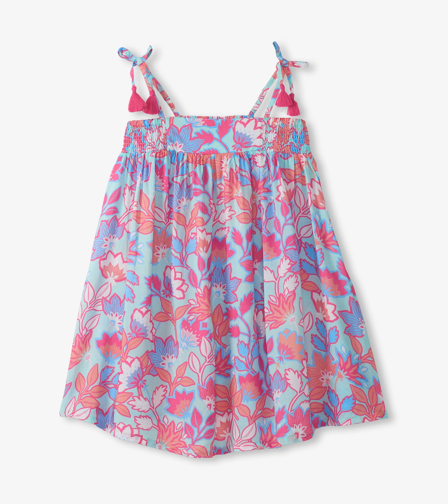 Girls floral smocked sundress with pastel blue, pink, and coral print, spaghetti straps, and tassel ties, front view