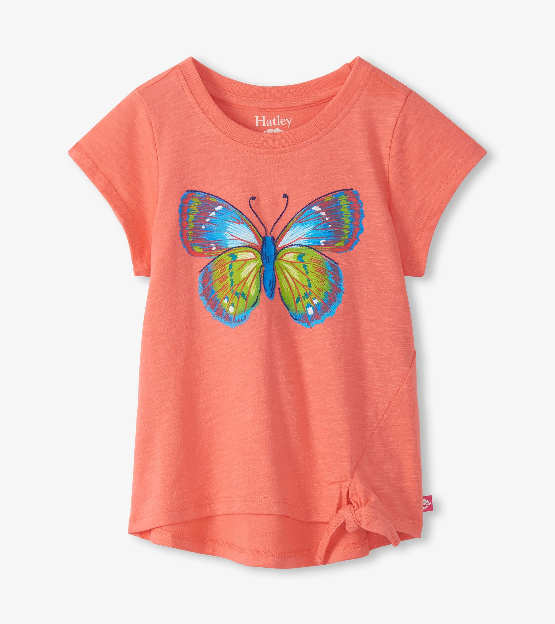 Coral girls short-sleeve T-shirt with large colorful butterfly graphic and front tie hem