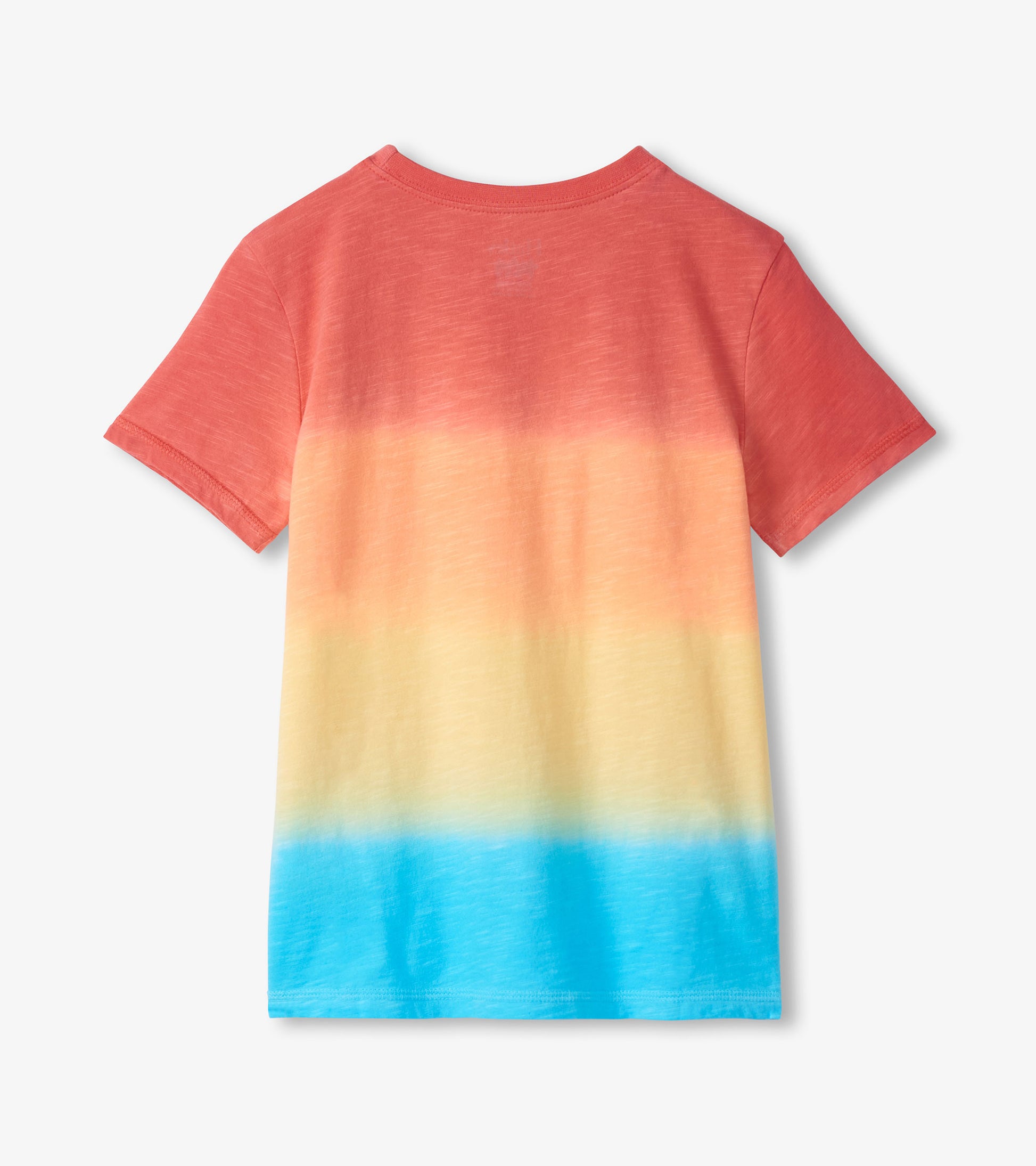 Back view of short-sleeve crew neck T-shirt with coral-to-yellow-to-blue gradient