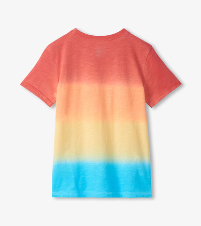 Back view of short-sleeve crew neck T-shirt with coral-to-yellow-to-blue gradient