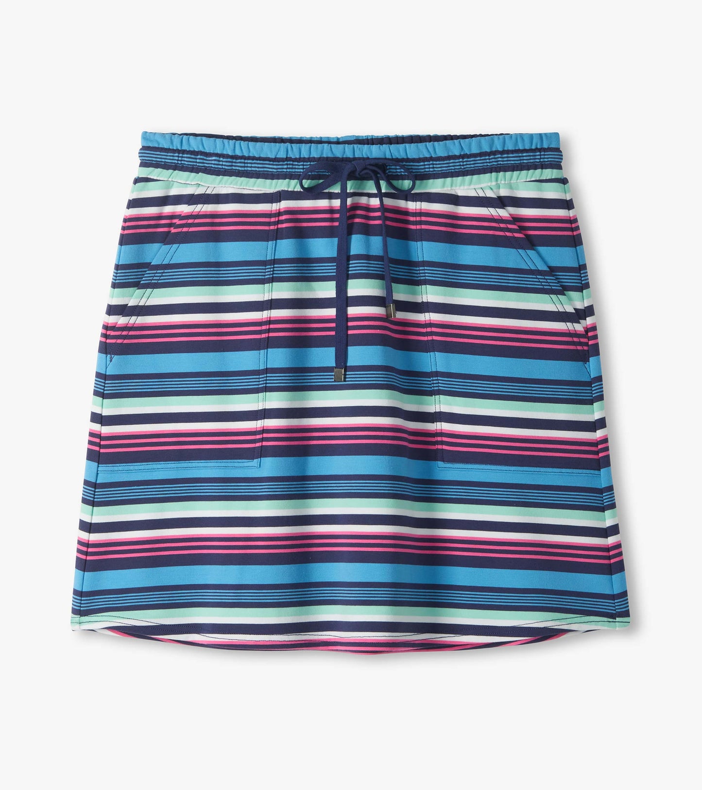 Front view of a striped skirt with elastic waistband, drawstring, and side pockets in blue, navy, mint, pink, and white.