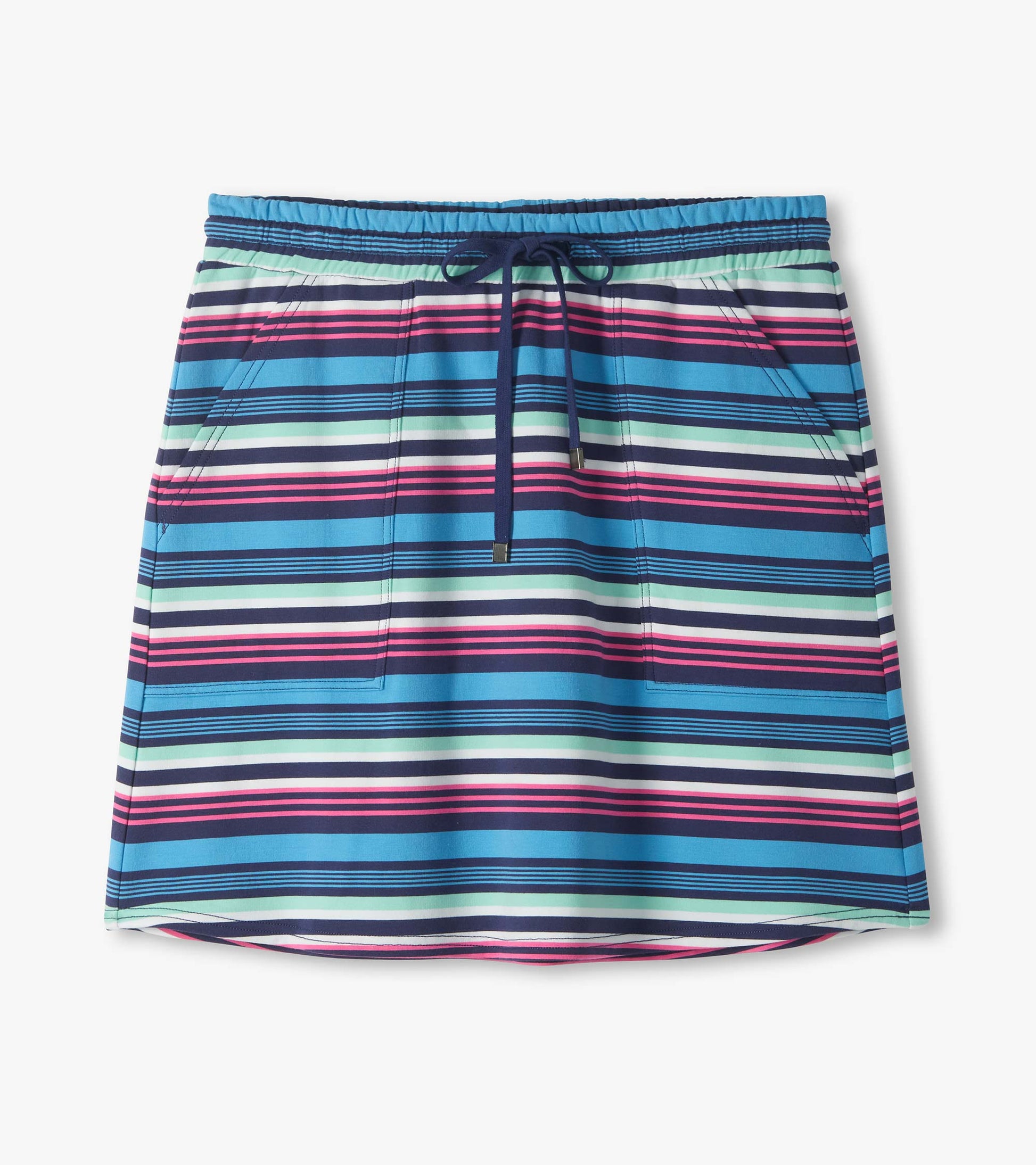 Front view of a striped skirt with elastic waistband, drawstring, and side pockets in blue, navy, mint, pink, and white.