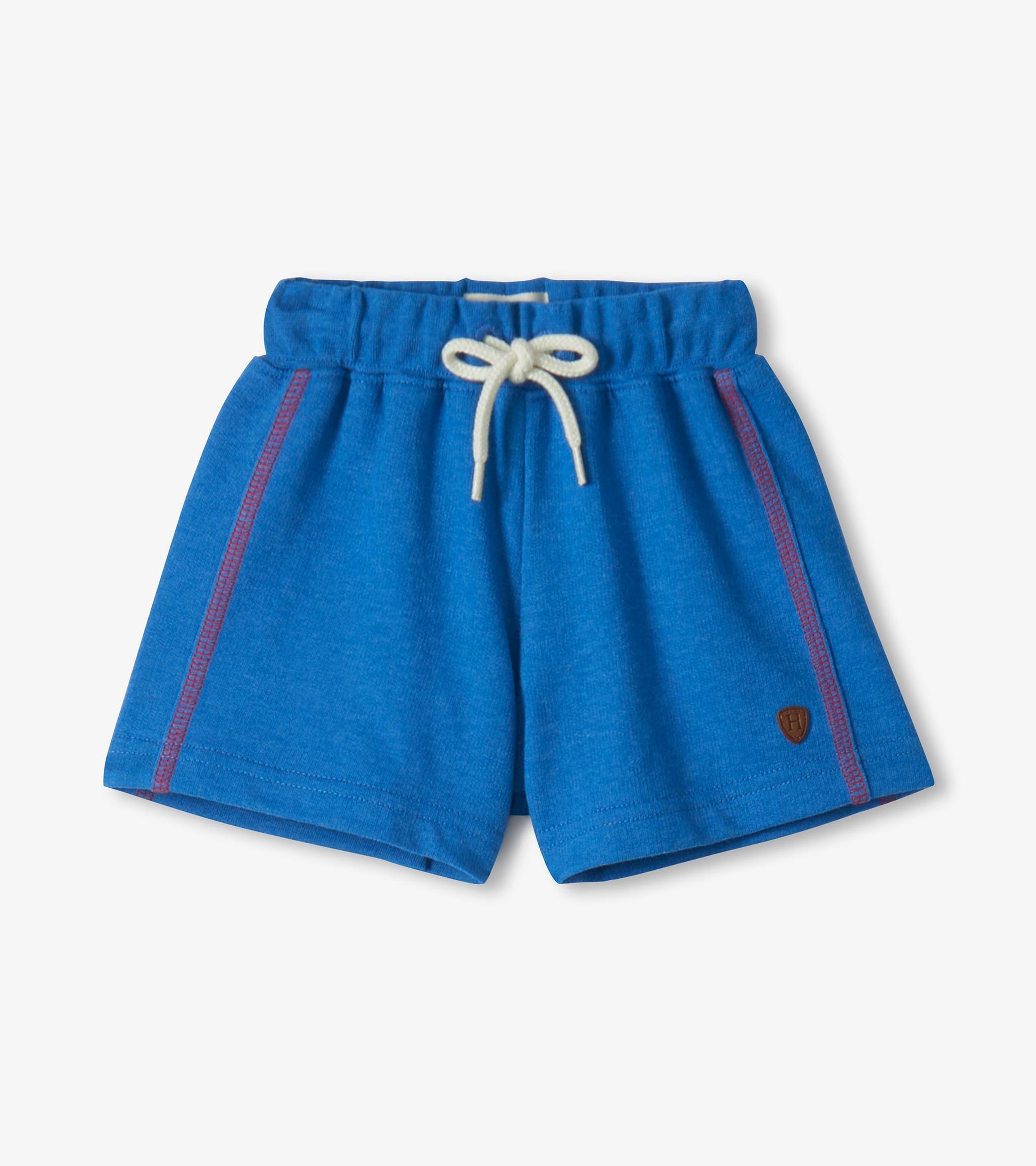 Blue toddler shorts with white drawstring and pink side stitching, front view