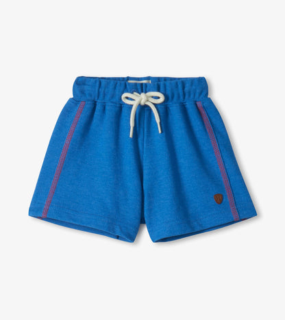 Blue toddler shorts with white drawstring and pink side stitching, front view