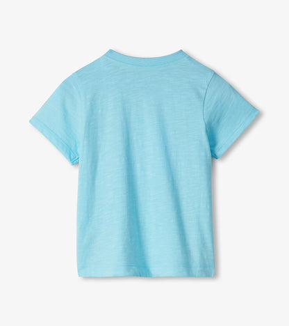 Light blue short-sleeve crewneck T-shirt, back view, with a heathered texture