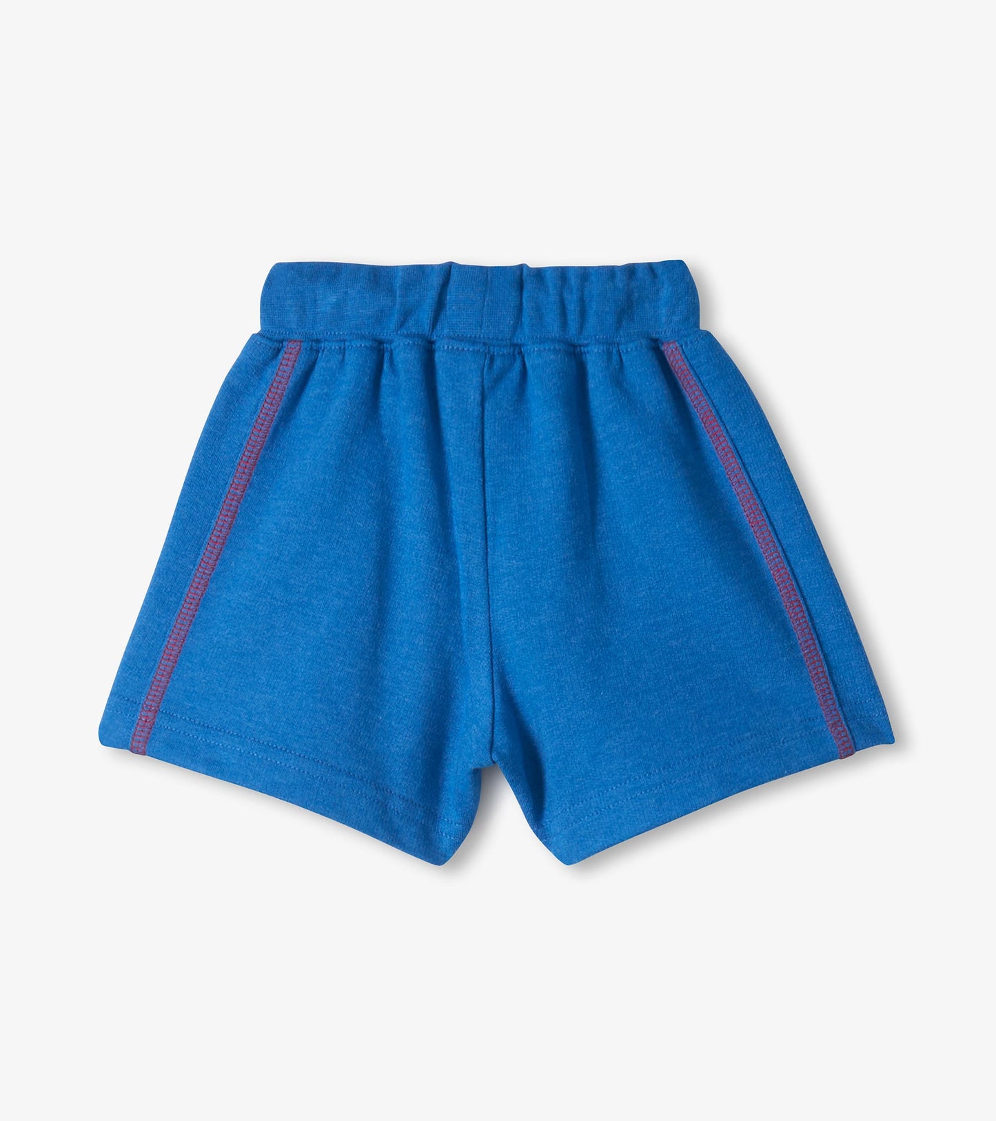 Blue toddler shorts with elastic waistband and red side stitching, front view