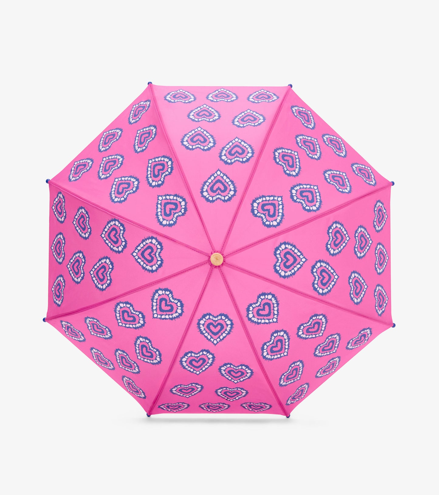 Pink umbrella with blue-and-white heart pattern, open front view