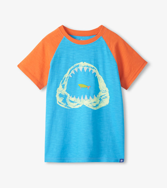 Blue and orange short-sleeve raglan T-shirt with shark mouth graphic on front, front view