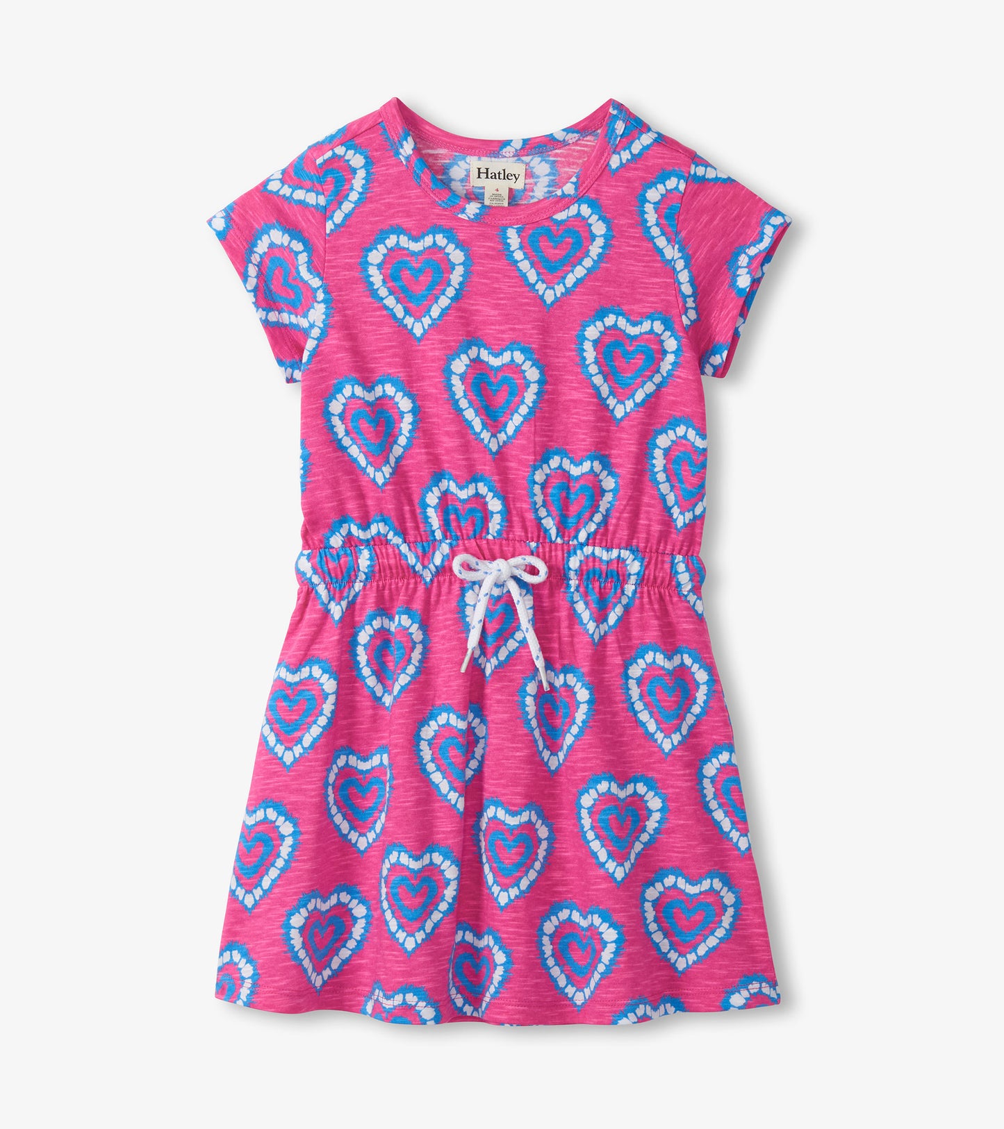 Pink short-sleeve girls dress with blue and white heart print and drawstring waist, front view